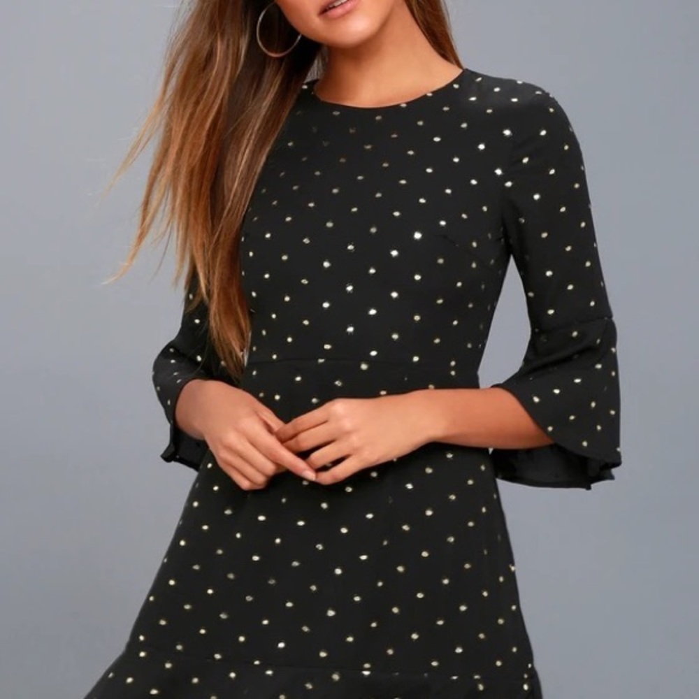 Lulus “She's Dot It Going” On Gold and Black Polka Dot Dress